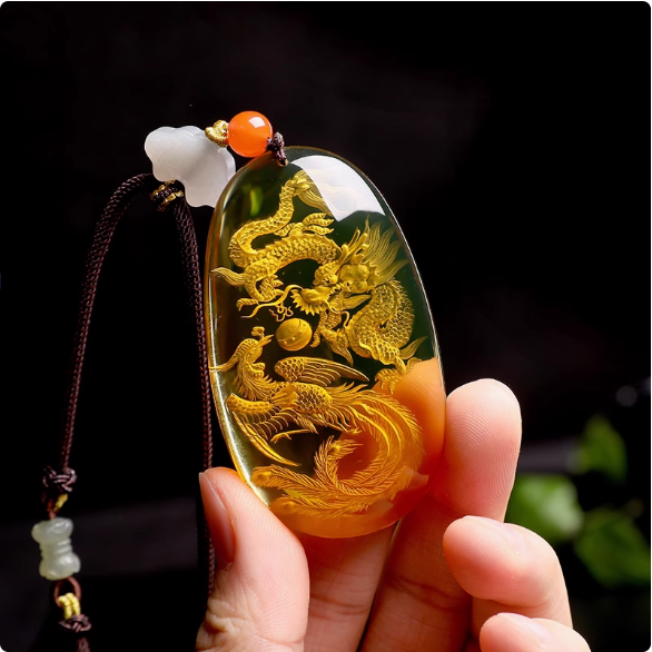 祥祯福波罗的海天然琥珀蜜蜡花珀吊坠龙凤呈祥花珀琥珀挂件